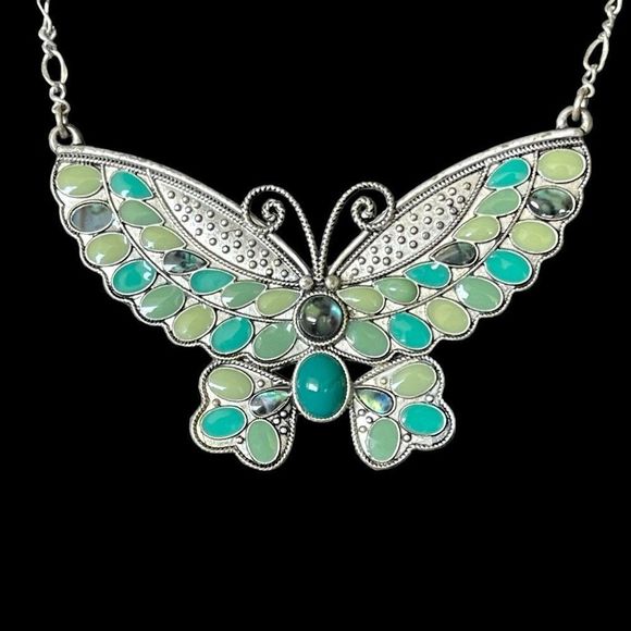 Boho Style Multi Color Enamel Cabochon Large Butterfly Necklace Silver Tone - Picture 1 of 4